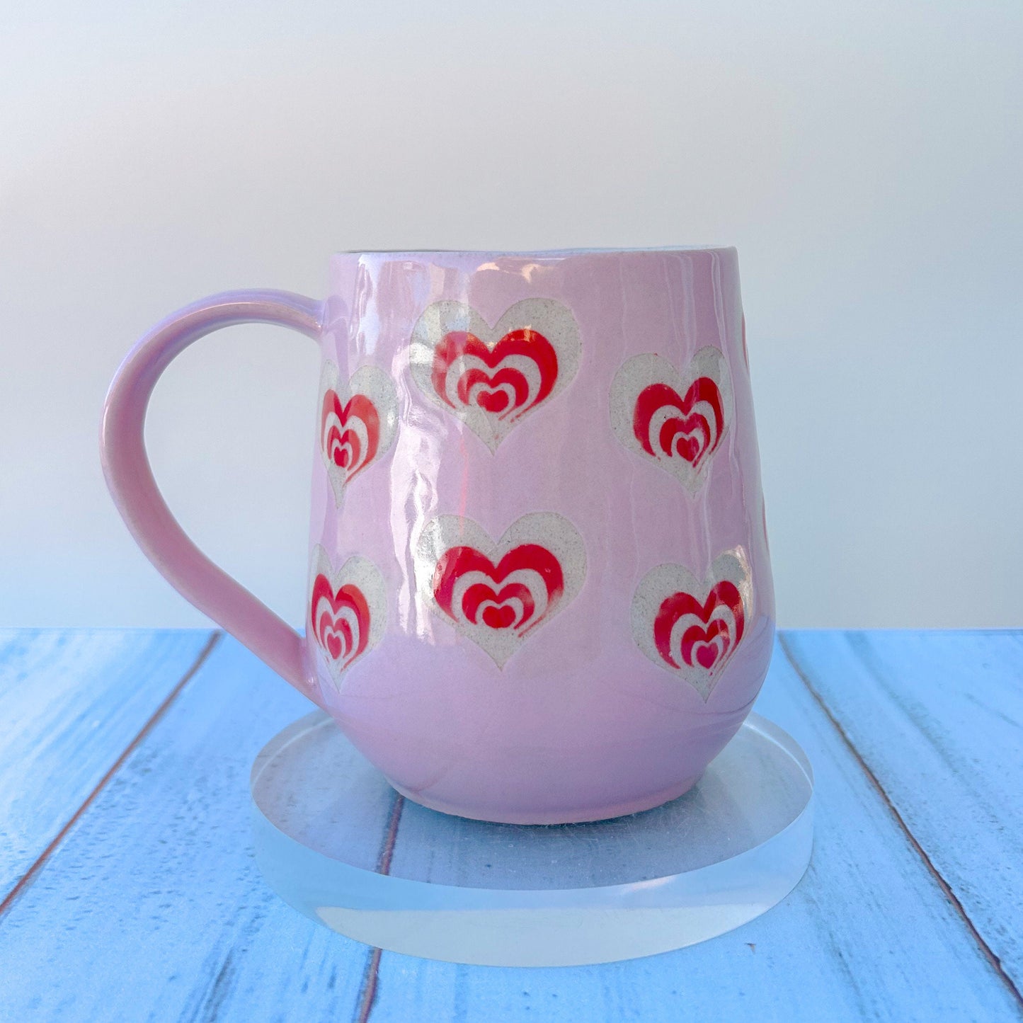 Pink and Red Heart Mug Pottery, Heart Coffee Mug Ceramic, Groovy Gift Women, Heart Gift For Friend, Cute Mug Handmade, Retro Heart Cup