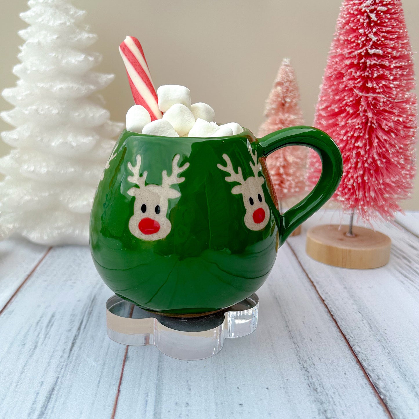 Green Reindeer 12 Ounce Ceramic Mug, Christmas Mug Ceramic Handmade, Stoneware Mug 12 Ounces, Holiday Cup, Cozy Cabin Gift, Winter Gift