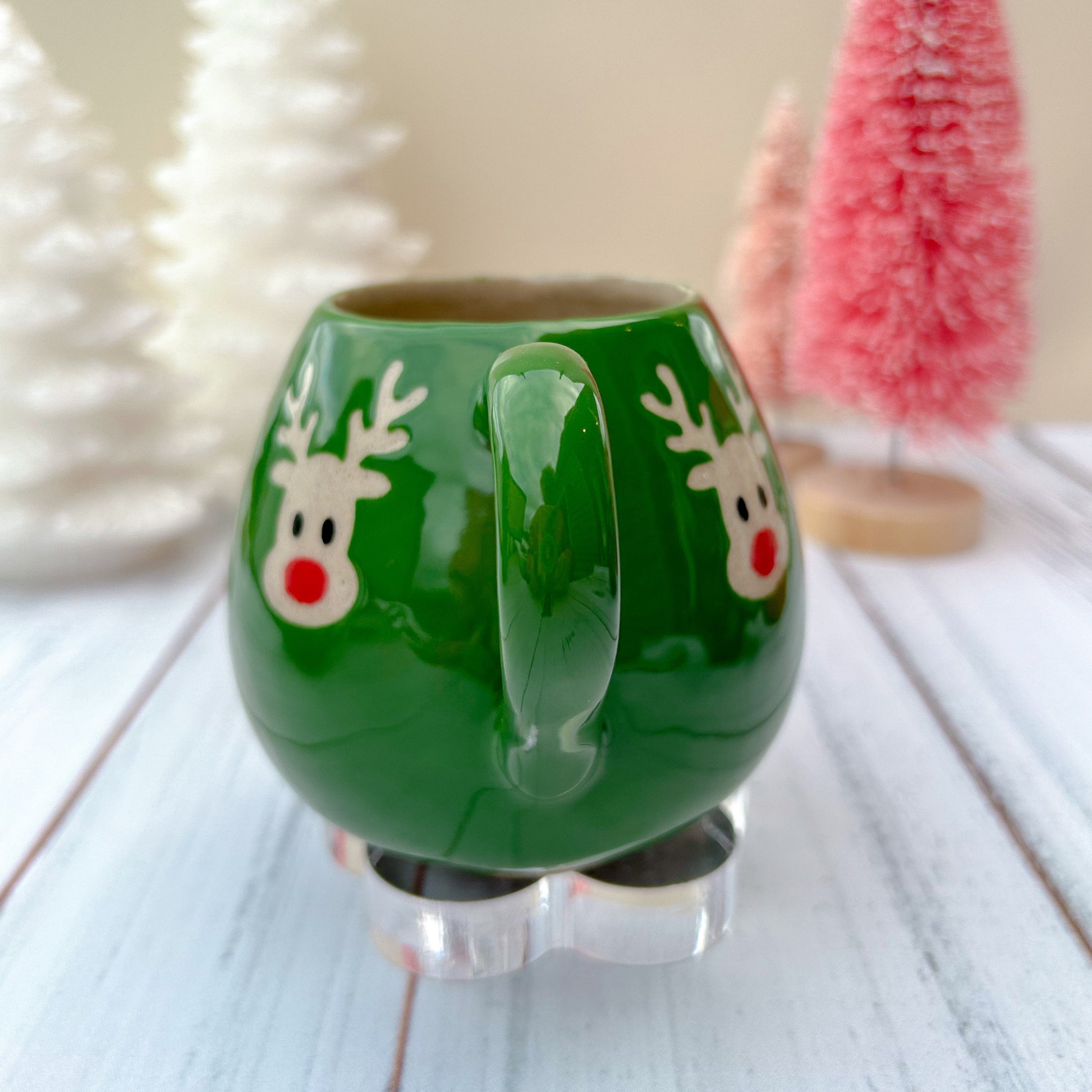 Green Reindeer 12 Ounce Ceramic Mug, Christmas Mug Ceramic Handmade, Stoneware Mug 12 Ounces, Holiday Cup, Cozy Cabin Gift, Winter Gift