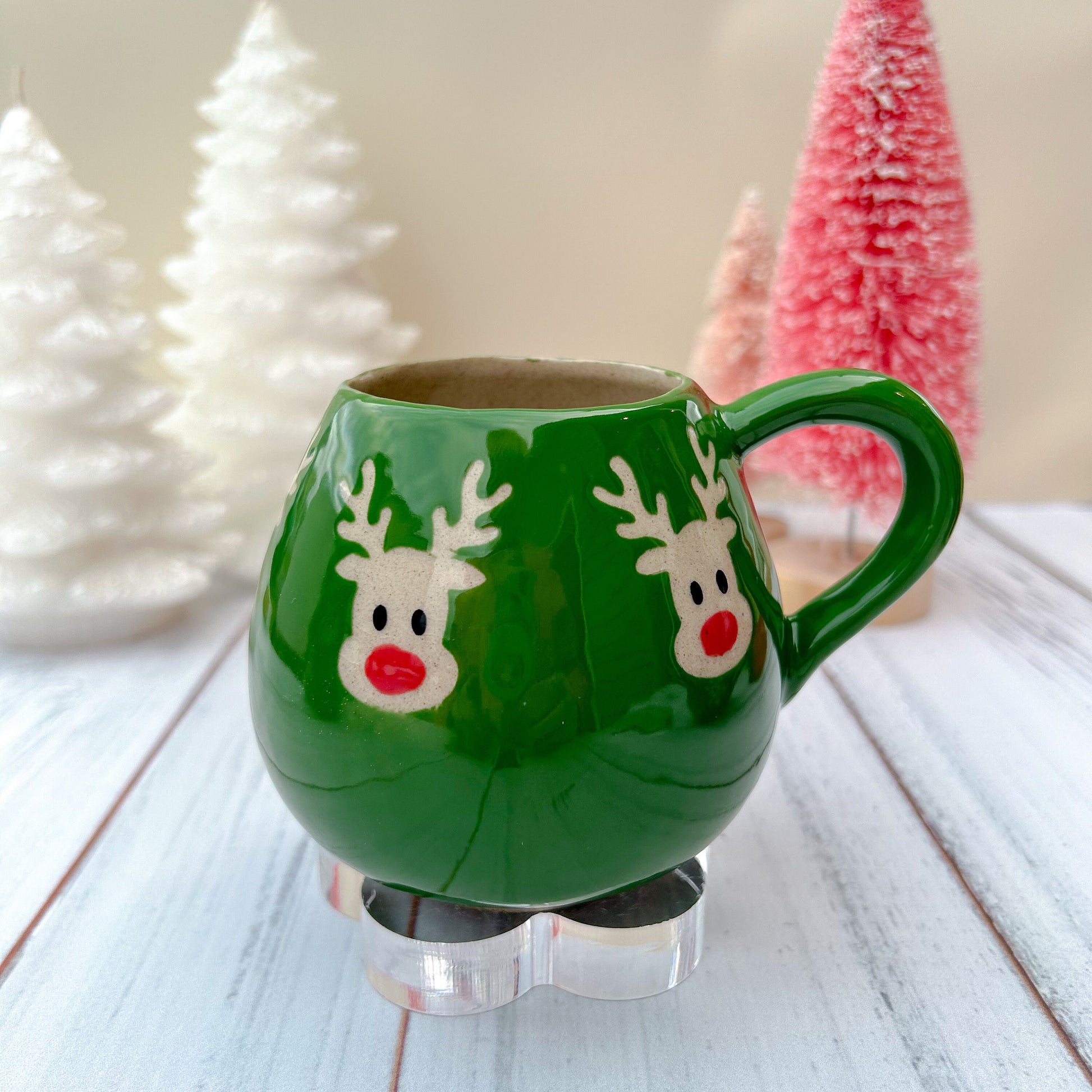 Green Reindeer 12 Ounce Ceramic Mug, Christmas Mug Ceramic Handmade, Stoneware Mug 12 Ounces, Holiday Cup, Cozy Cabin Gift, Winter Gift