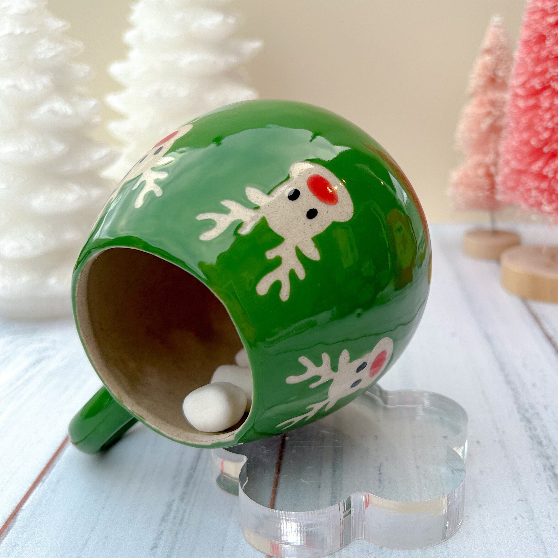 Green Reindeer 12 Ounce Ceramic Mug, Christmas Mug Ceramic Handmade, Stoneware Mug 12 Ounces, Holiday Cup, Cozy Cabin Gift, Winter Gift