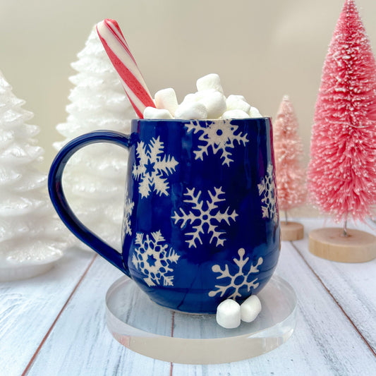 Blue Snowflake 16 Ounce Ceramic Mug, Christmas Mug Ceramic Handmade, Stoneware Mug 16 Ounces, Holiday Cup, Cozy Cabin Gift, Winter Gift