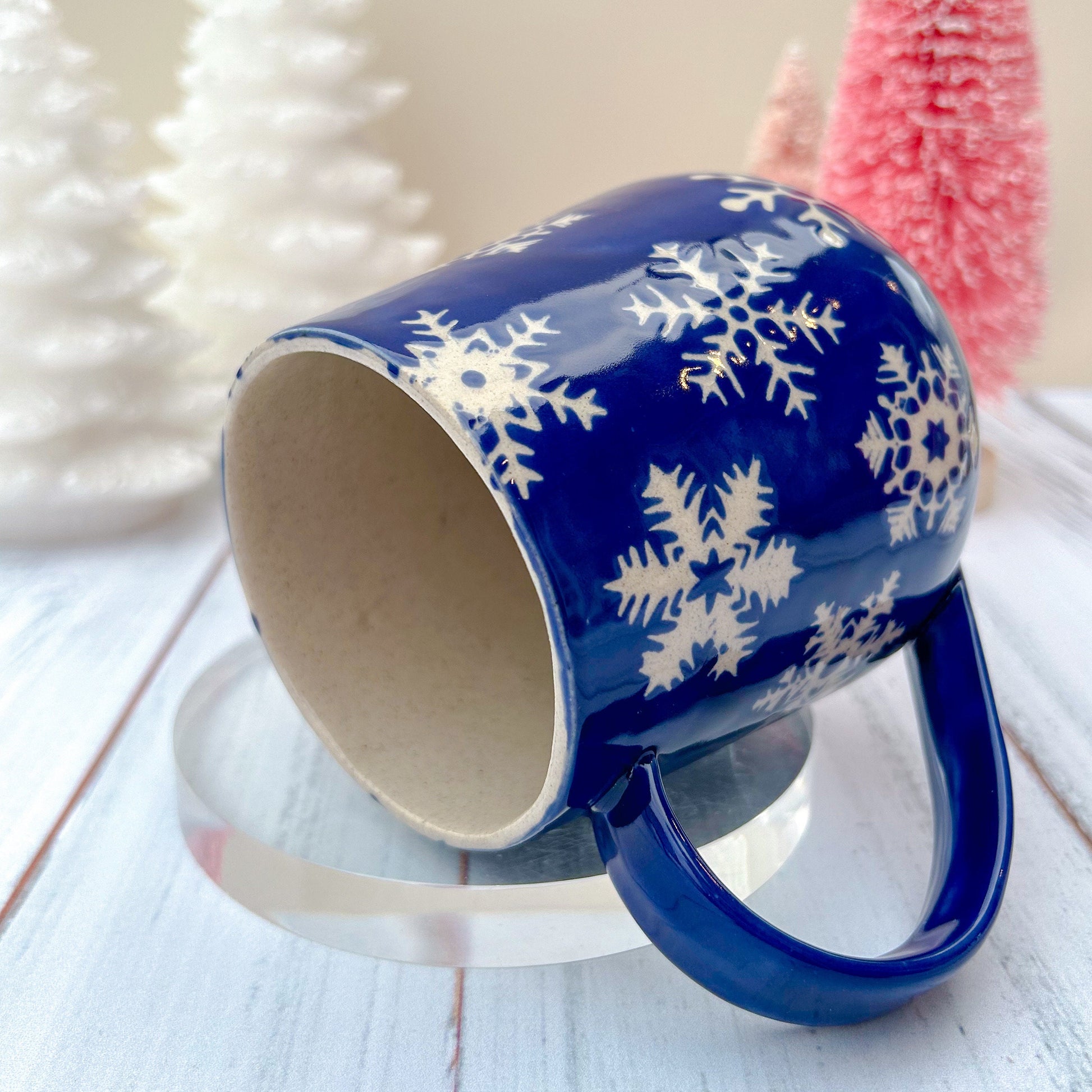 Blue Snowflake 16 Ounce Ceramic Mug, Christmas Mug Ceramic Handmade, Stoneware Mug 16 Ounces, Holiday Cup, Cozy Cabin Gift, Winter Gift