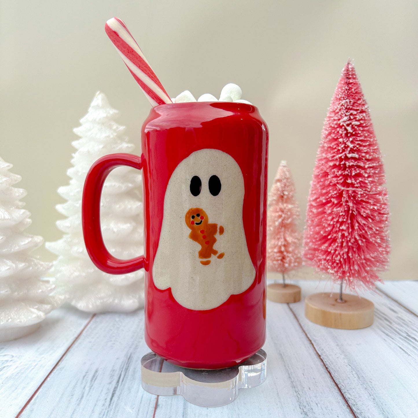 Red Gingerbread Ghost Tumbler Ceramic Mug, Christmas Gift For Her, Retro Christmas Mug, Halloween Gift, Spooky Mug Handmade, Cute Winter Mug