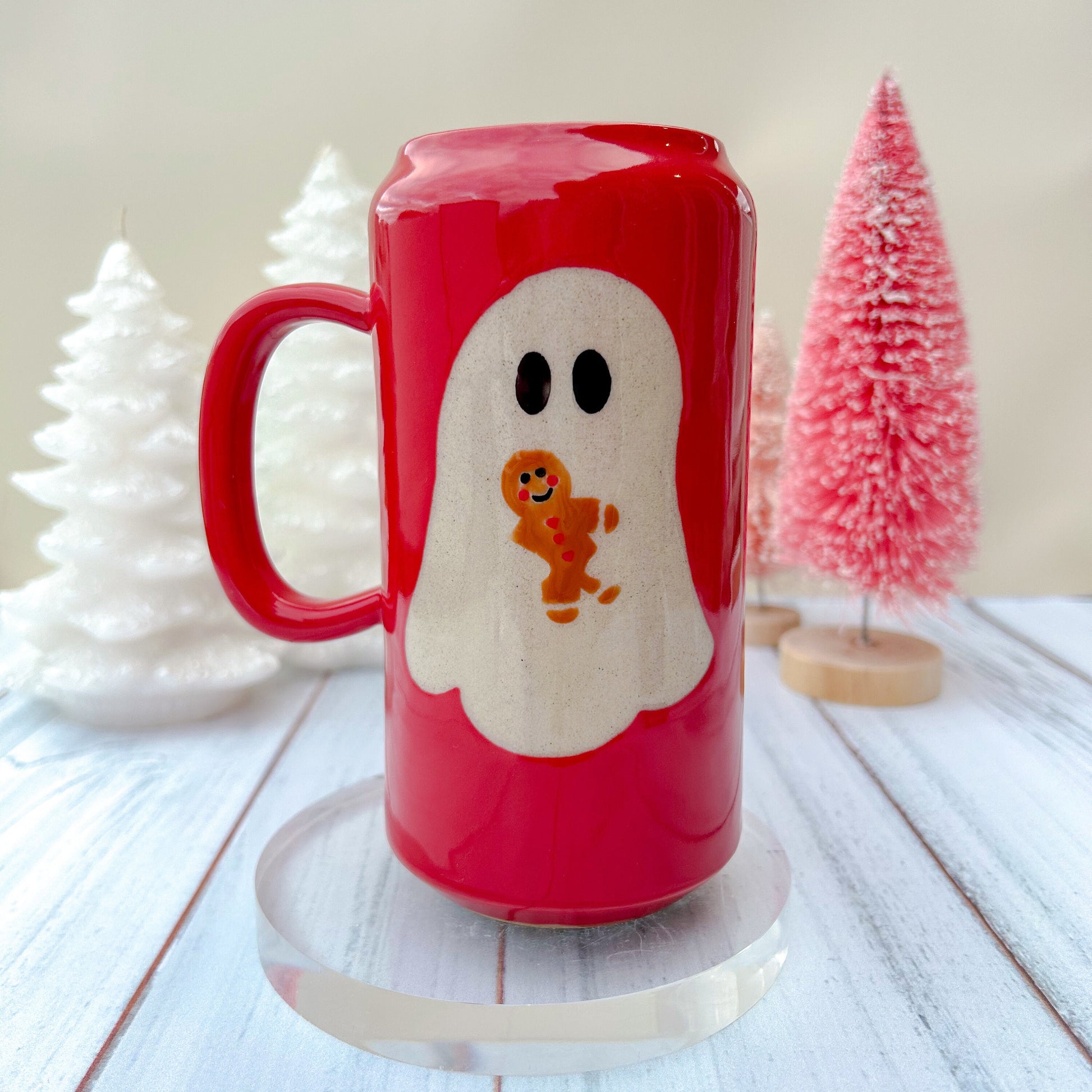 Red Gingerbread Ghost Tumbler Ceramic Mug, Christmas Gift For Her, Retro Christmas Mug, Halloween Gift, Spooky Mug Handmade, Cute Winter Mug