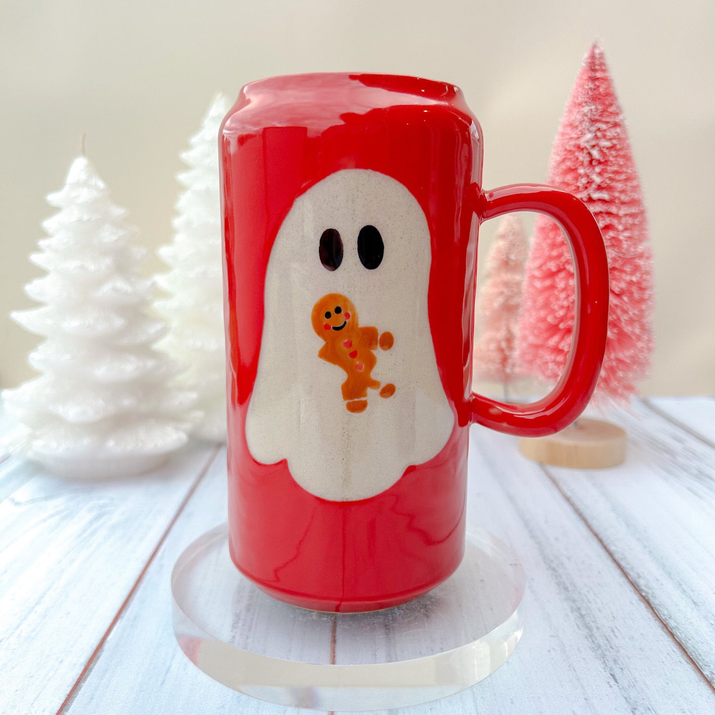 Red Gingerbread Ghost Tumbler Ceramic Mug, Christmas Gift For Her, Retro Christmas Mug, Halloween Gift, Spooky Mug Handmade, Cute Winter Mug