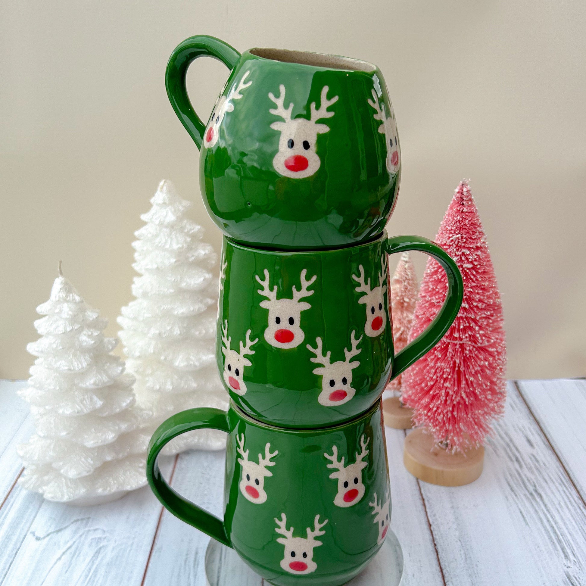 Green Reindeer 12 Ounce Ceramic Mug, Christmas Mug Ceramic Handmade, Stoneware Mug 12 Ounces, Holiday Cup, Cozy Cabin Gift, Winter Gift