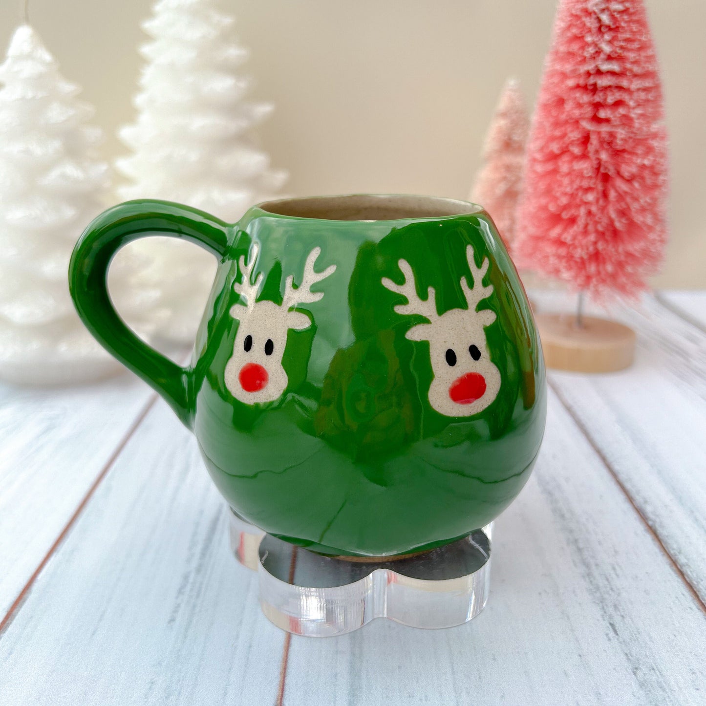 Green Reindeer 12 Ounce Ceramic Mug, Christmas Mug Ceramic Handmade, Stoneware Mug 12 Ounces, Holiday Cup, Cozy Cabin Gift, Winter Gift