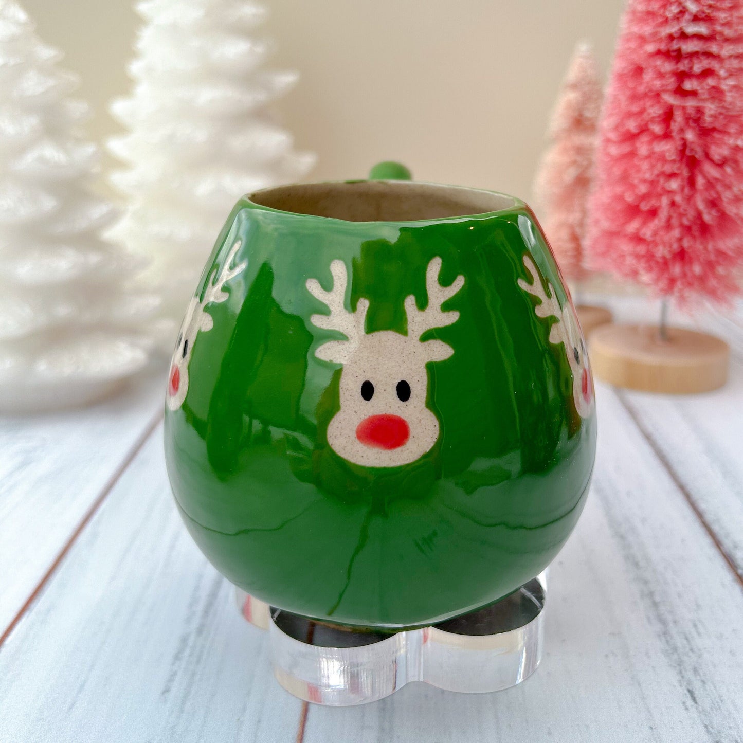 Green Reindeer 12 Ounce Ceramic Mug, Christmas Mug Ceramic Handmade, Stoneware Mug 12 Ounces, Holiday Cup, Cozy Cabin Gift, Winter Gift