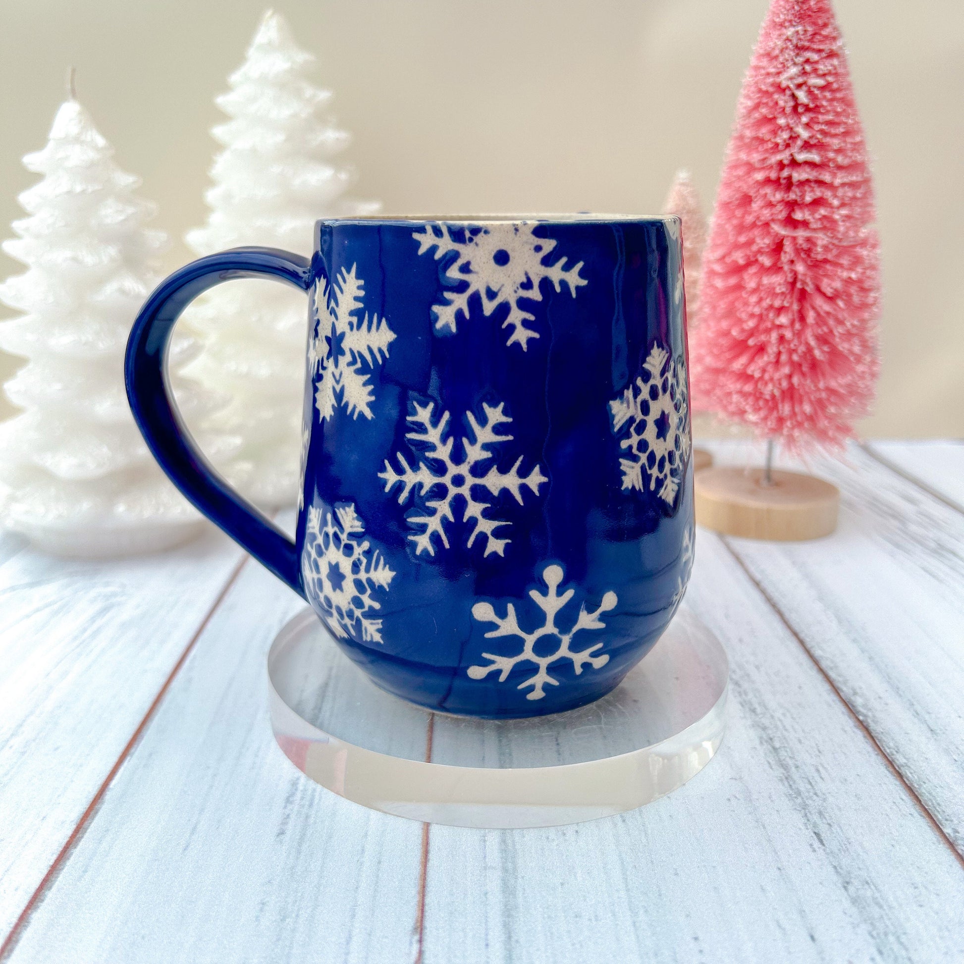 Blue Snowflake 16 Ounce Ceramic Mug, Christmas Mug Ceramic Handmade, Stoneware Mug 16 Ounces, Holiday Cup, Cozy Cabin Gift, Winter Gift