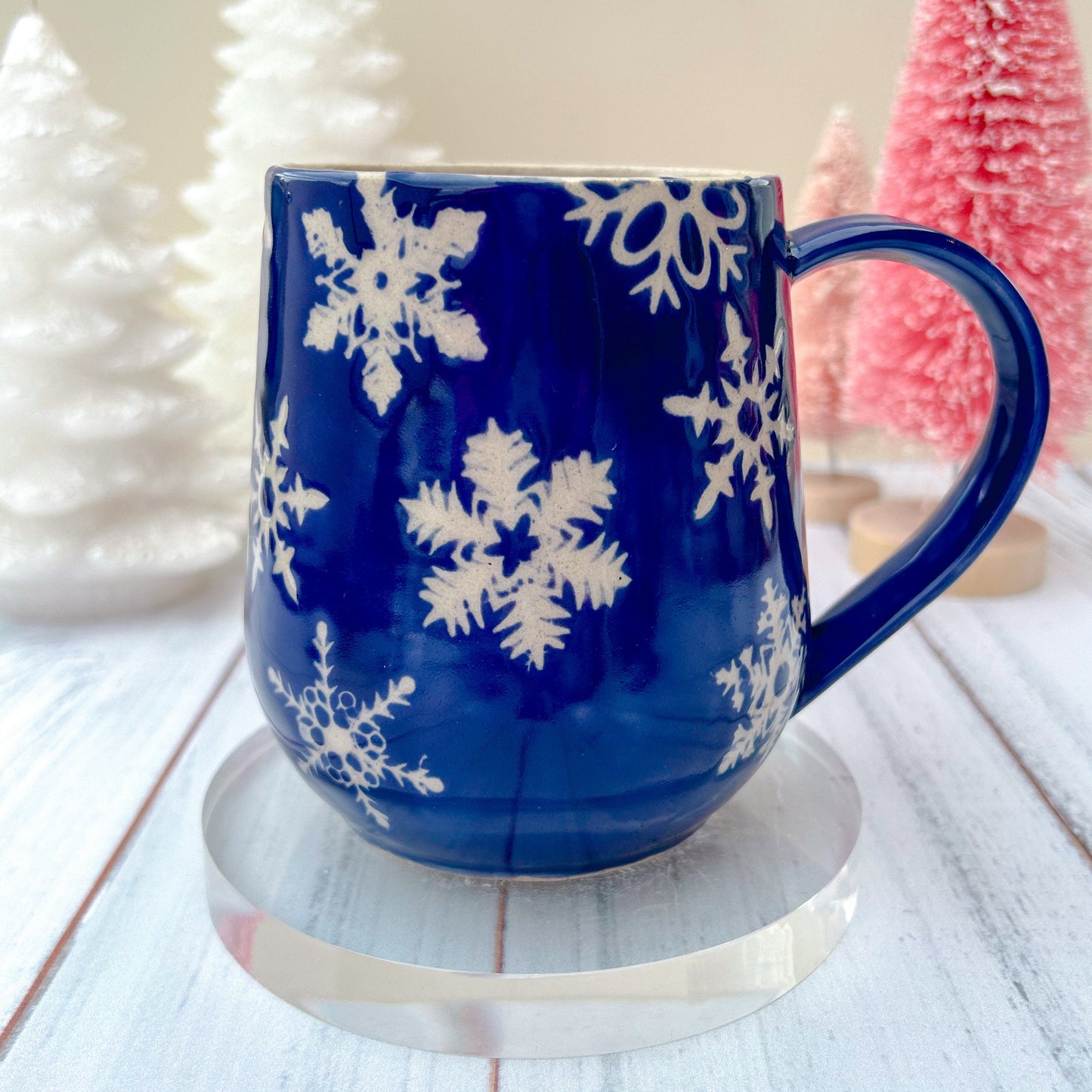 Blue Snowflake 16 Ounce Ceramic Mug, Christmas Mug Ceramic Handmade, Stoneware Mug 16 Ounces, Holiday Cup, Cozy Cabin Gift, Winter Gift