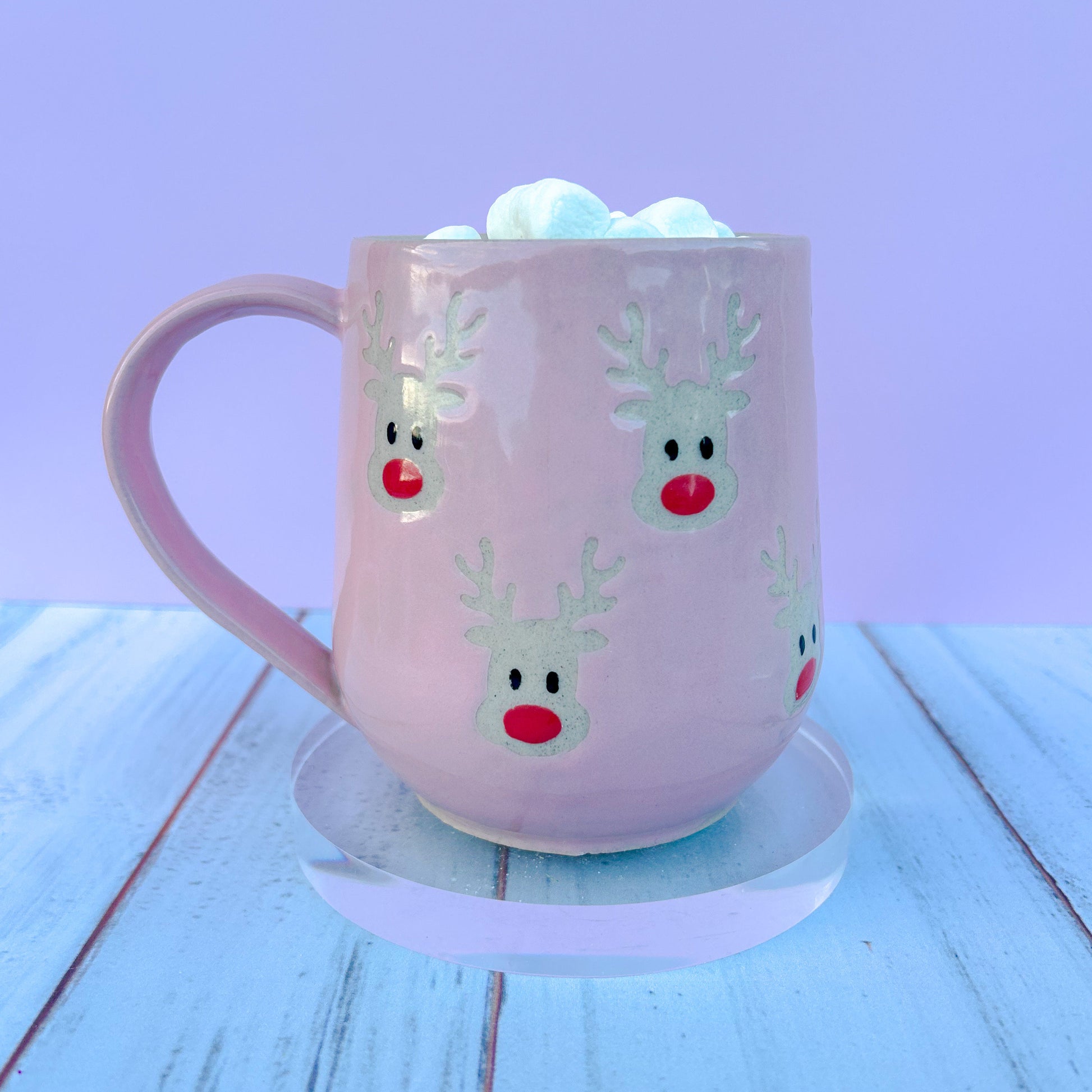 Pink Reindeer 16 Ounce Mug, Winter Coffee Mug, Christmas Mug Ceramic Handmade, Stoneware Mug, Holiday Cup, Cozy Cabin Gift, Winter Gift