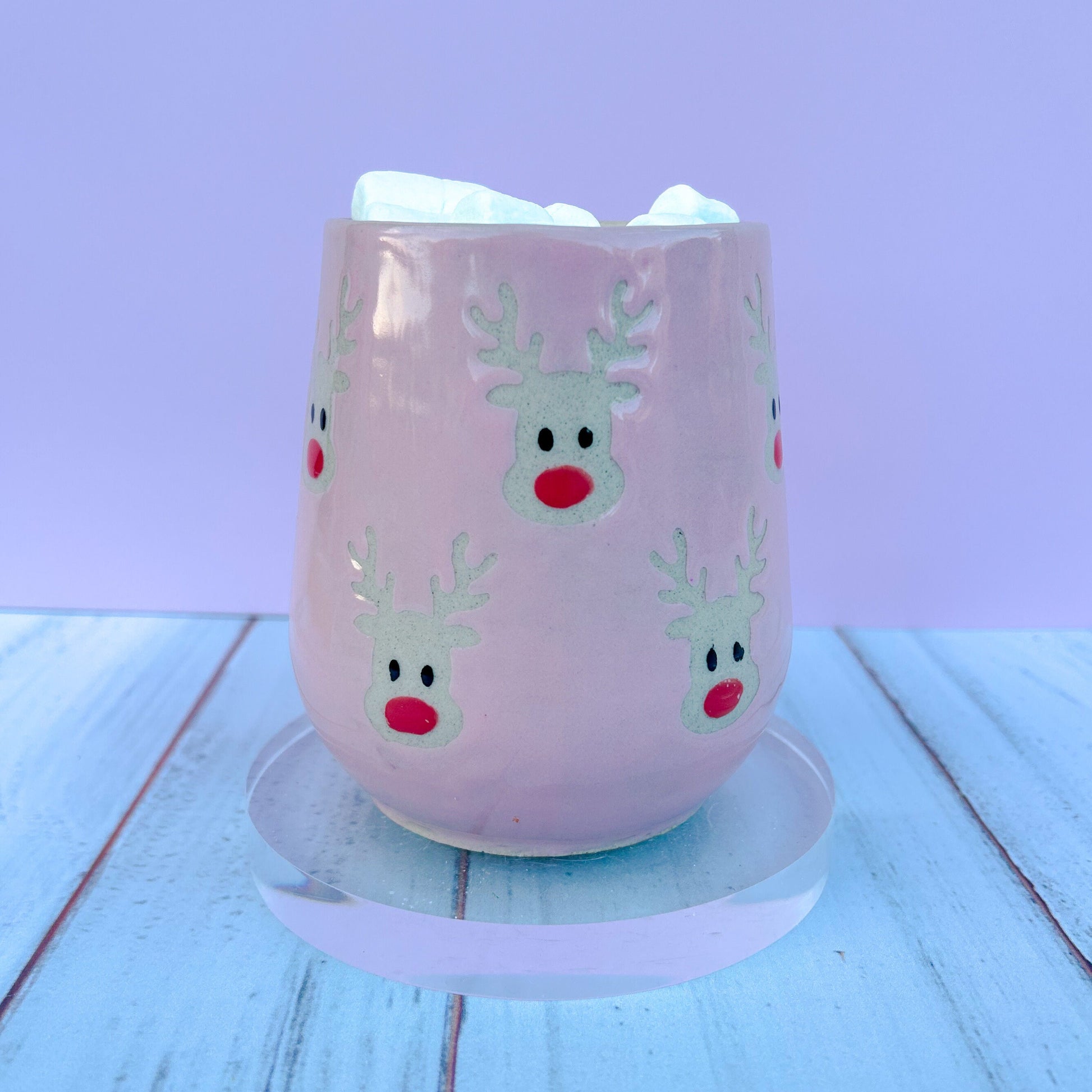 Pink Reindeer 16 Ounce Mug, Winter Coffee Mug, Christmas Mug Ceramic Handmade, Stoneware Mug, Holiday Cup, Cozy Cabin Gift, Winter Gift