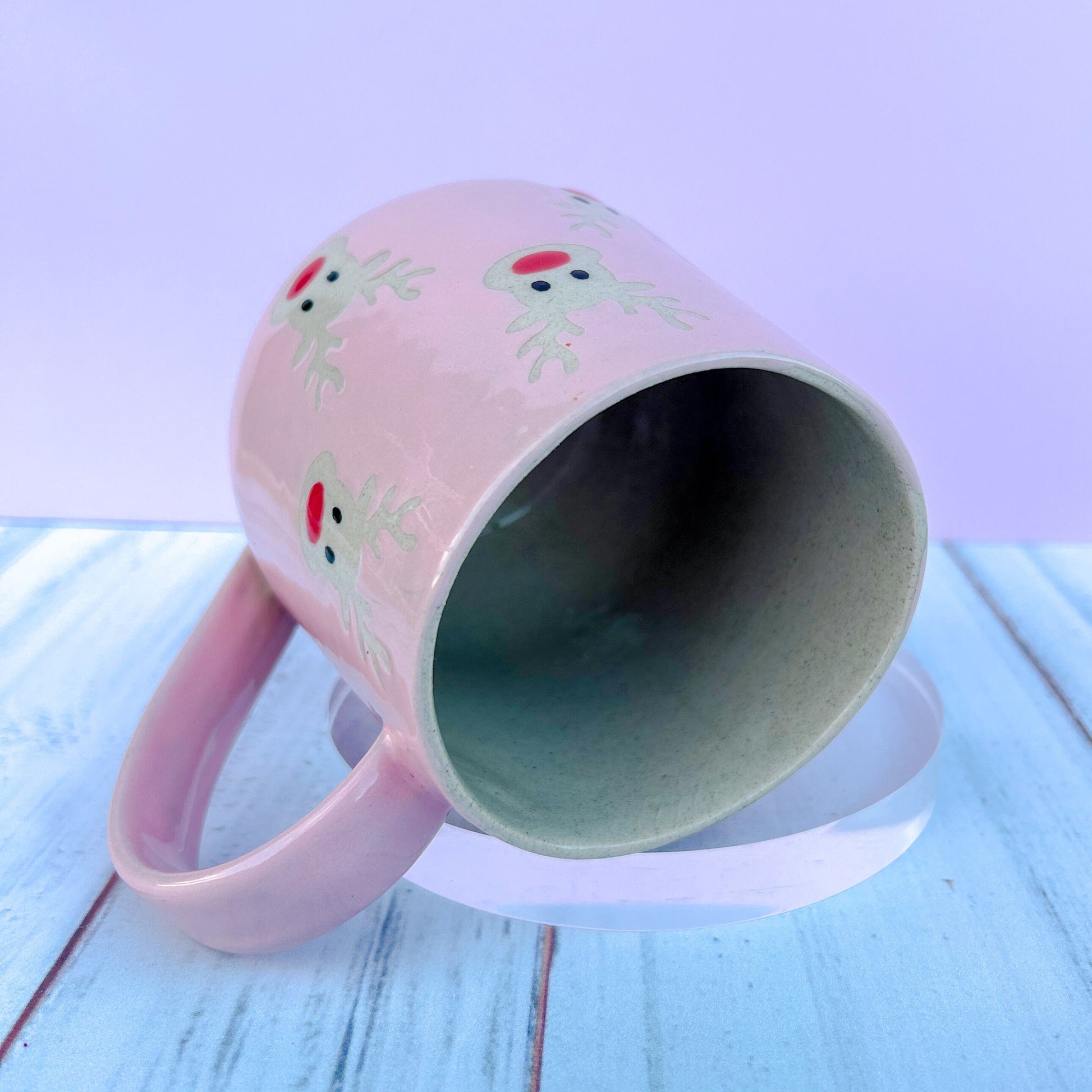 Pink Reindeer 16 Ounce Mug, Winter Coffee Mug, Christmas Mug Ceramic Handmade, Stoneware Mug, Holiday Cup, Cozy Cabin Gift, Winter Gift