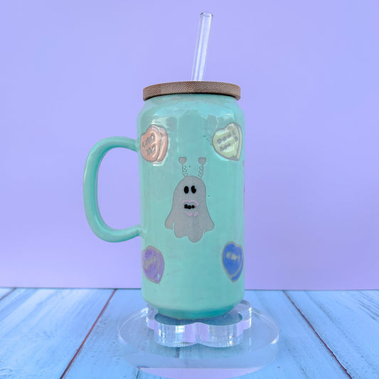 Aqua Valentines Ghost Tumbler Ceramic Mug, Valentines Gift For Her, Retro Mug, Halloween Gift, Spooky Mug Handmade, Cute Valentines Mug