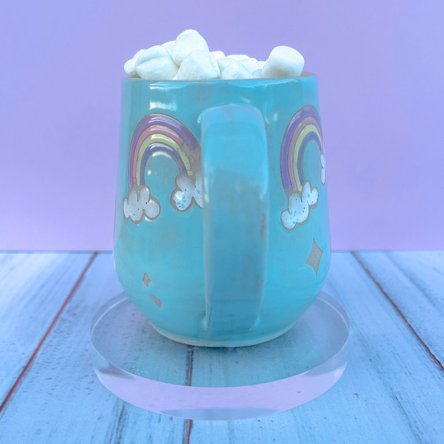 Light Blue Rainbow 16 Ounce Ceramic Mug, Rainbow Coffee Mug, Groovy Gift Women, Rainbow Gift For Friend, Cute Mug Handmade, Retro Cup