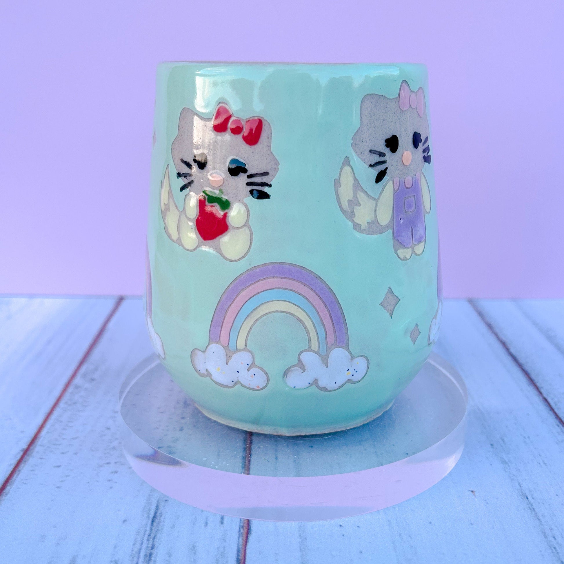 Aqua Kitty and Rainbow 16 Ounce Ceramic Mug, Cute Cat Rainbow Coffee Mug, Cute Gift for Women, Rainbow Gift For Friend, Cute Mug Handmade