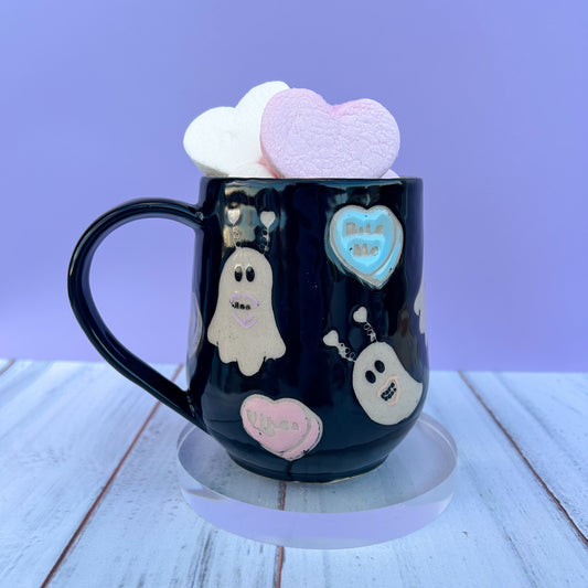 Black Valentines Ghost 16 Ounce Ceramic Mug, Valentines Gift For Her, Halloween Gift, Spooky Mug Handmade, Cute Valentines Mug, Fall Gift