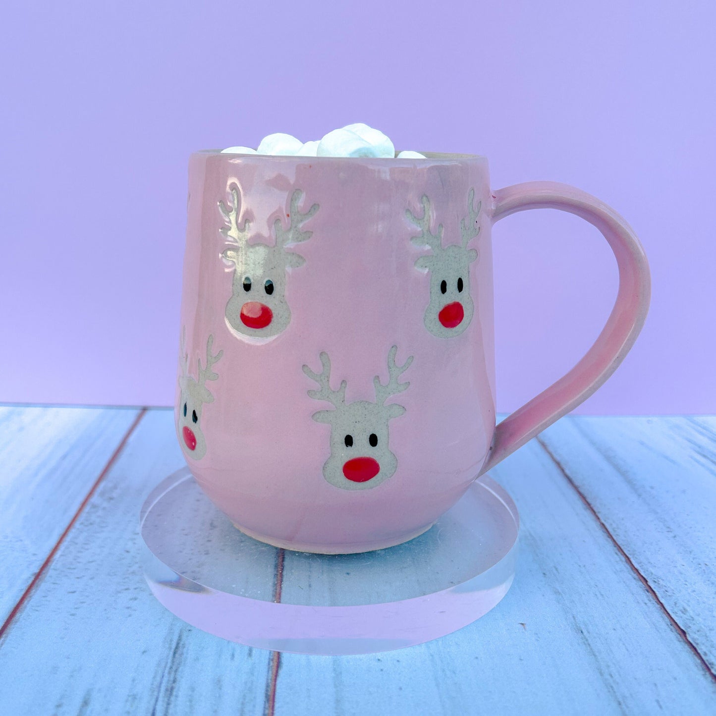 Pink Reindeer 16 Ounce Mug, Winter Coffee Mug, Christmas Mug Ceramic Handmade, Stoneware Mug, Holiday Cup, Cozy Cabin Gift, Winter Gift