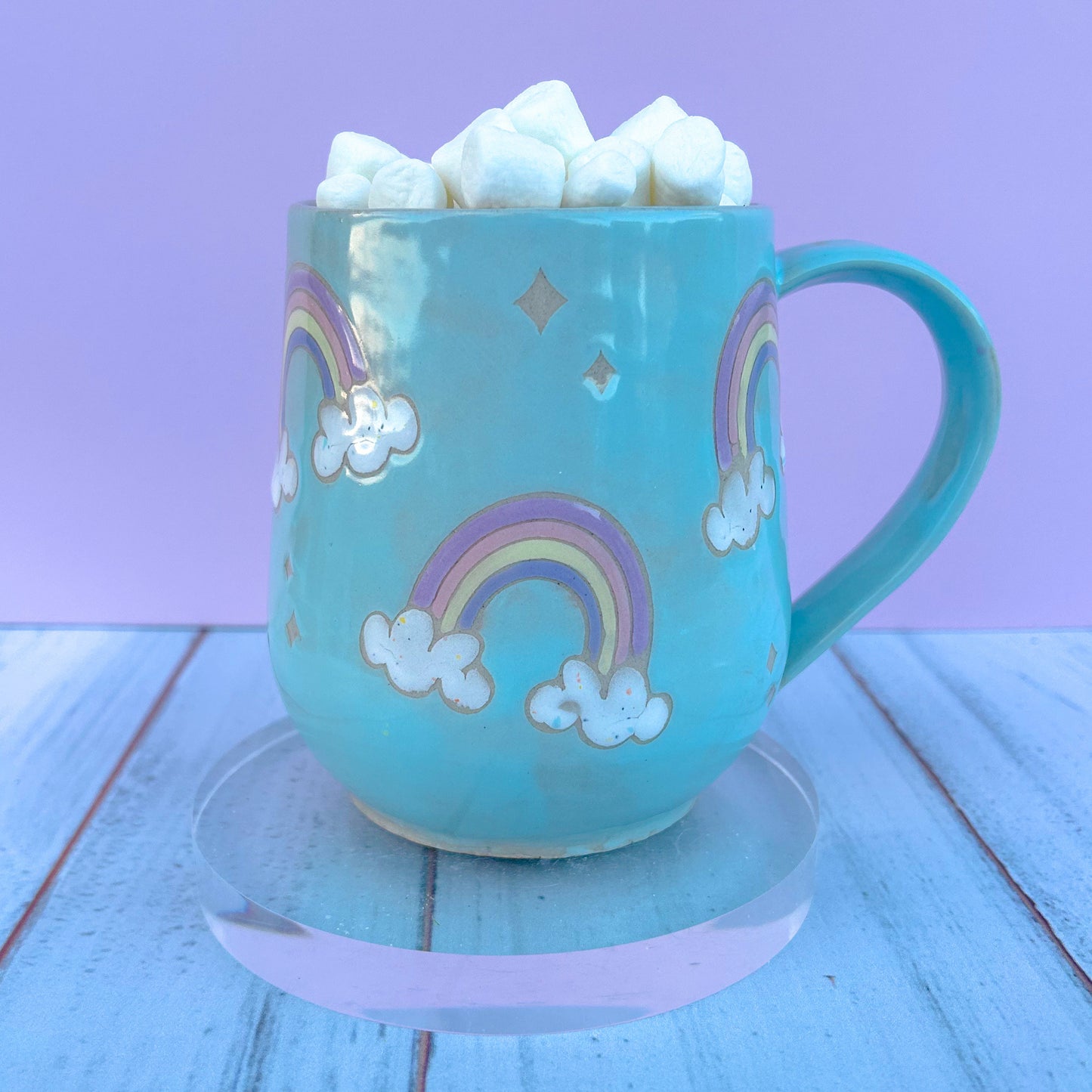 Light Blue Rainbow 16 Ounce Ceramic Mug, Rainbow Coffee Mug, Groovy Gift Women, Rainbow Gift For Friend, Cute Mug Handmade, Retro Cup