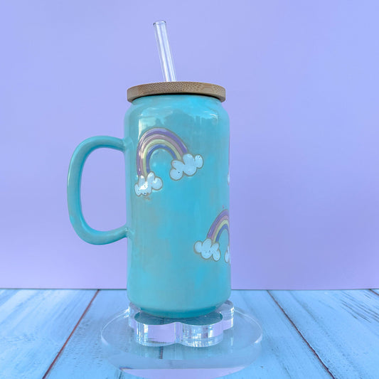 Light Blue Rainbow and Cloud Tumbler Ceramic Mug, Rainbow Beer Can Glass Tumbler, Rainbow Gift For Her, Handmade Mug,