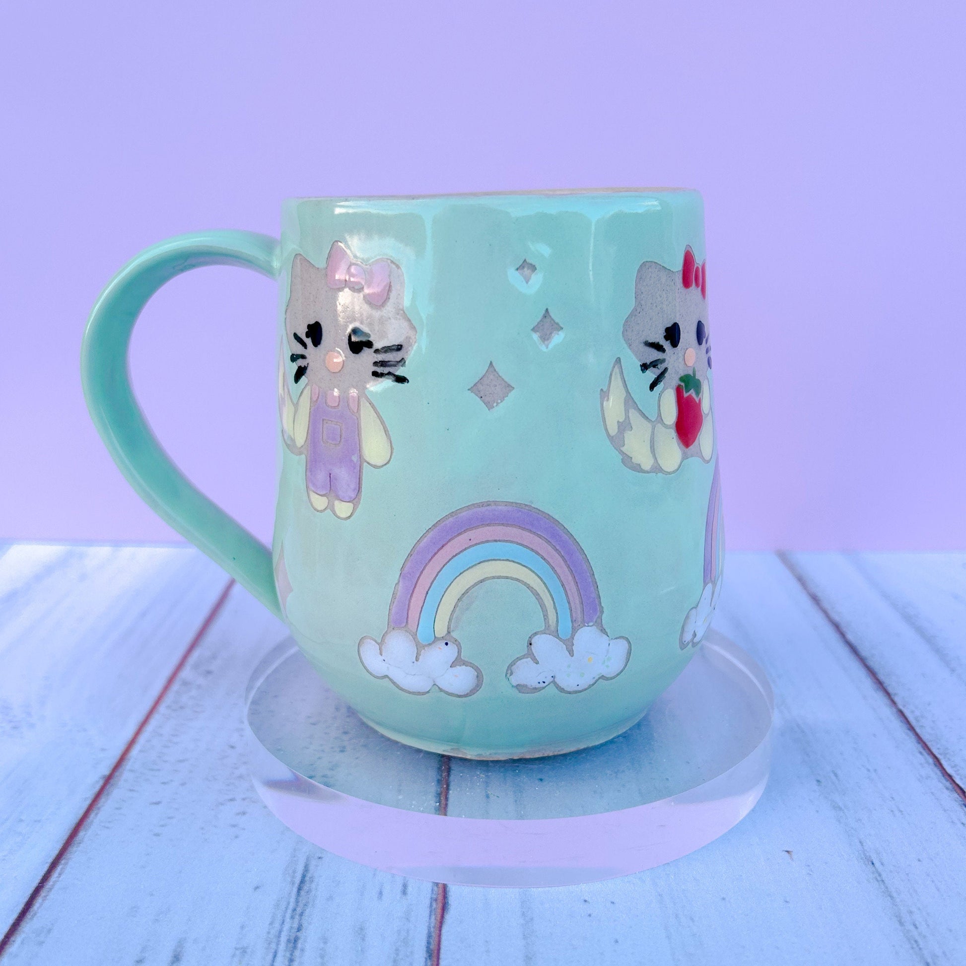 Aqua Kitty and Rainbow 16 Ounce Ceramic Mug, Cute Cat Rainbow Coffee Mug, Cute Gift for Women, Rainbow Gift For Friend, Cute Mug Handmade