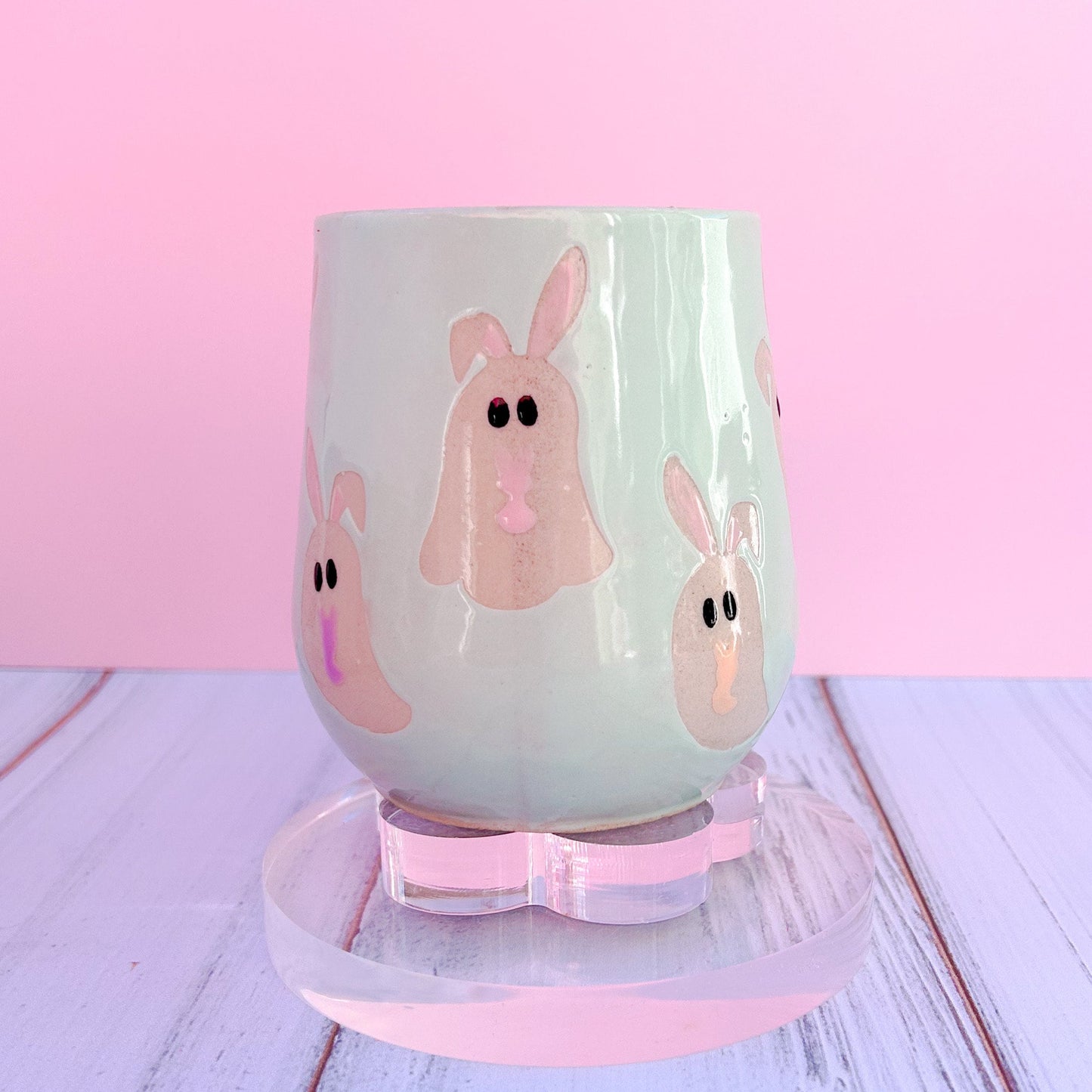 Aqua Ghost Bunny Spring Ceramic Mug, Spring Gift For Her, Retro Spring Mug, Easter Gift for Her, Cute Bunny Mug Handmade, Cute Easter Mugs