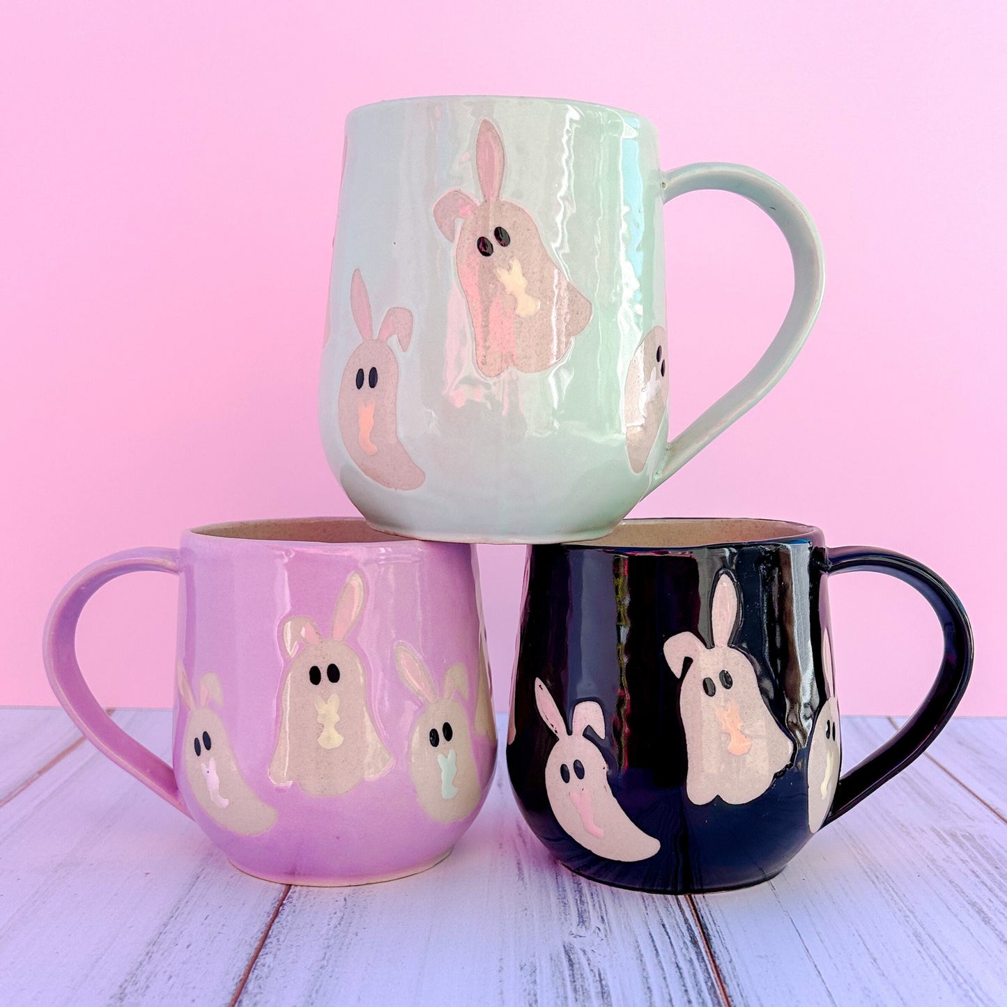 Black Ghost Bunny Spring Ceramic Mug, Spring Gift For Her, Retro Spring Mug, Easter Gift for Her, Cute Bunny Mug Handmade, Cute Easter Mugs