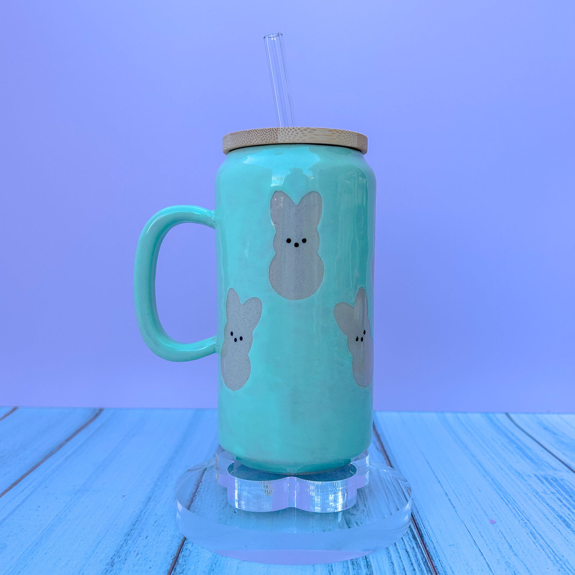 Aqua Bunny Spring Ceramic Tumbler Mug, Spring Gift For Her, Retro Spring Mug, Easter Gift for Her, Cute Bunny Mug Handmade, Cute Easter Mugs