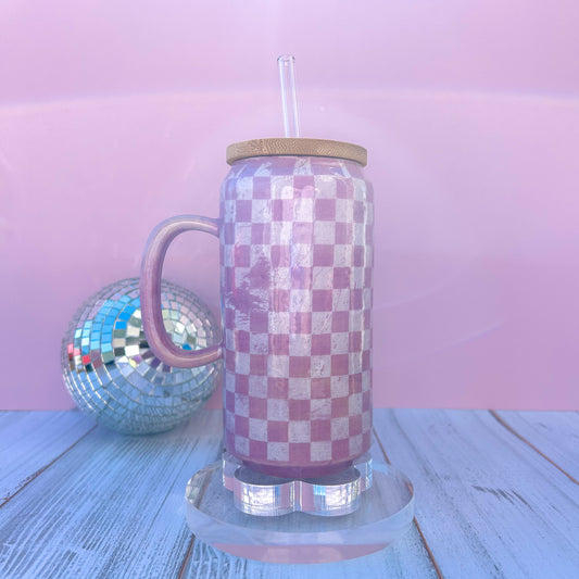 Purple Retro Checkered Tumbler With Lid, Groovy Coffee Cup, Retro Teacher Appreciation Gift, Checkerboard Mug, Teen Girl Birthday Gifts